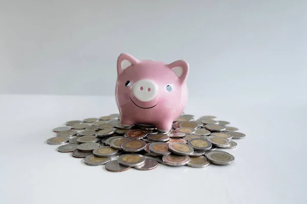 Рожевий скарбничка з купою монет, посилити зростаючий бізнес до успіху та заощадити на концепції пенсії — стокове фото