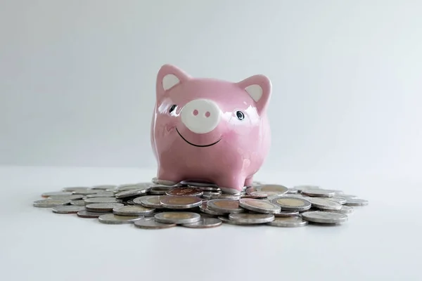 Рожевий скарбничка з купою монет, посилити зростаючий бізнес до успіху та заощадити на концепції пенсії — стокове фото