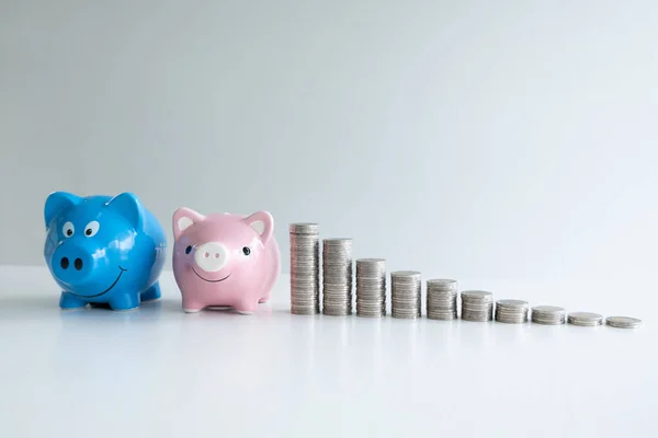 Blauwe en roze Piggy Money Bank met munten bar grafiek, stap omhoog groeiend bedrijf naar succes en besparing voor pensioen concept — Stockfoto