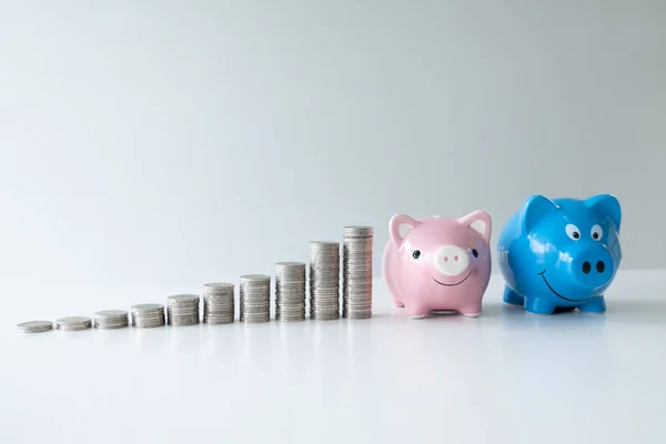 Синьо-рожевий скарбничка, що заощаджує гроші з графом монет, збільшує бізнес до успіху та заощаджує на концепції пенсії — стокове фото