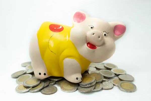 Gele Piggy Bank bespaart geld en munten stapel — Stockfoto