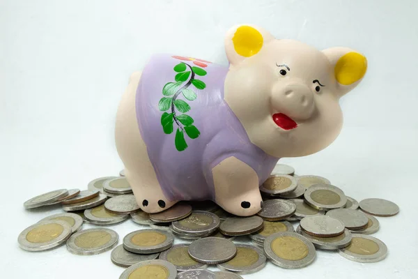 Paarse Piggy Bank bespaart geld en munten stapel — Stockfoto