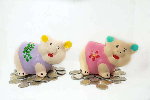 Purple and Pink piggy bank saving money and coins pile — Stock Photo, Image