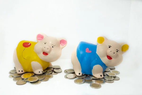 Yellow and Blue piggy bank saving money with coins pile