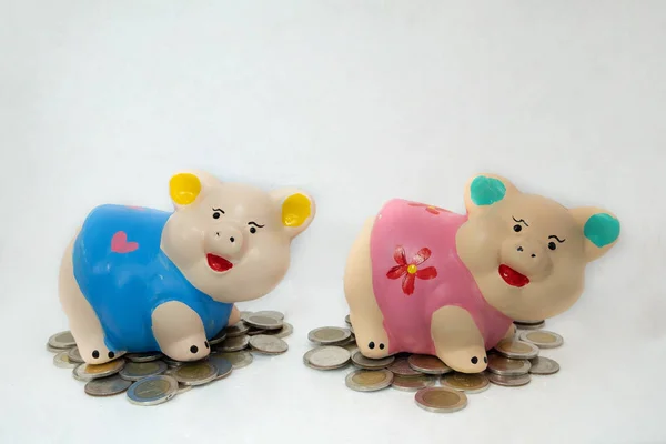 Hucha azul y rosa ahorrando dinero y monedas pila — Foto de Stock