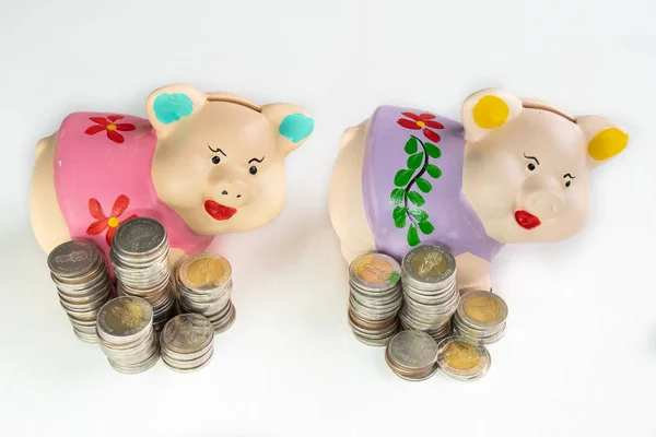 Pink and Purple piggy bank saving money with coins pile