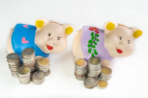 Salvadanaio blu e viola risparmiando denaro con pile di monete — Foto Stock