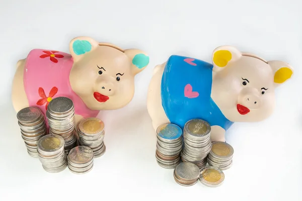 Pink and Blue piggy bank saving money with coins pile