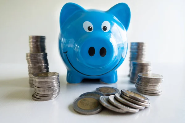 Голубая свинья-банк с кучей монет, развивающийся бизнес к успеху и сбережения на пенсию концепция — стоковое фото