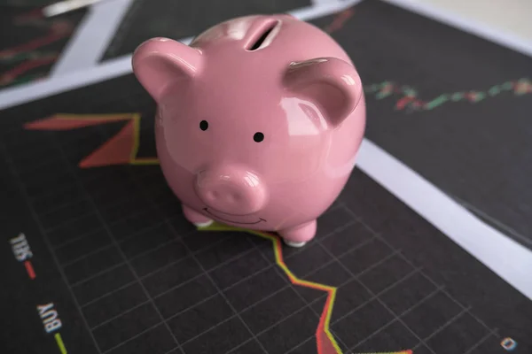 Roze Piggy Bank met Stock Graph, stap omhoog groeiend bedrijf naar succes en besparing voor pensioen concept — Stockfoto