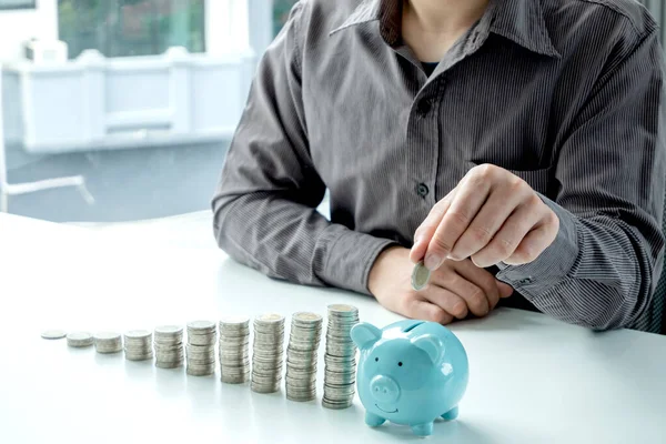 Businessman Putting Coins Piggy Bank Saving Money Coins Step Business — Stock Photo, Image