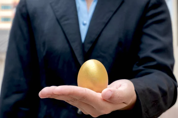 Hands Female Businesswomen Holding Golden Egg Concept Financial Growth Business — Stock Photo, Image