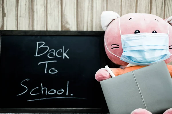 Back School Masked Doll Blackboard Labeled Back School College Concept — Stock Photo, Image