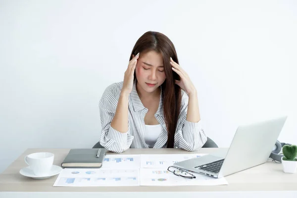 Working Asian Women Feel Stressed Tired Work Migraine Headaches Hard — Stock Photo, Image