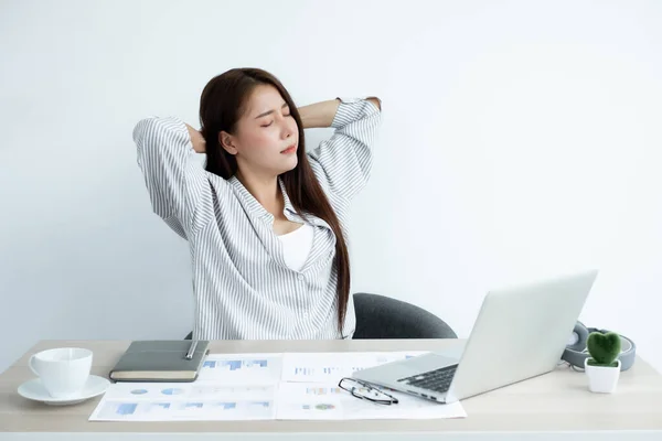 Asian Women Tired Work Laptop Sits Chair Stretching Relax Unwind — Stock Photo, Image