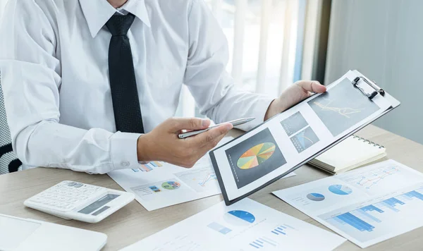 Businessman Hand Sits Desks Calculates Financial Graphs Showing Results Investments — Stock Photo, Image