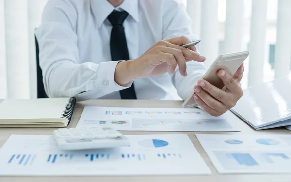 Businessman Hand Sits Desks Calculates Financial Graphs Showing Results Investments — Stock Photo, Image