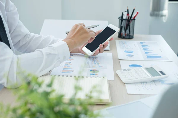 Businessman Hand Sits Desks Calculates Financial Graphs Showing Results Investments — Stock Photo, Image