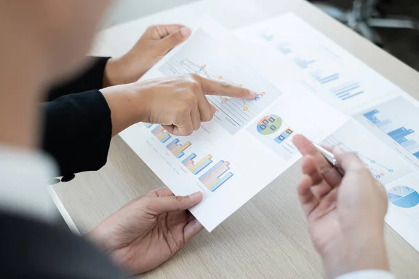 Two Business Leaders Talk Charts Financial Graphs Showing Results Analyzing — Stock Photo, Image