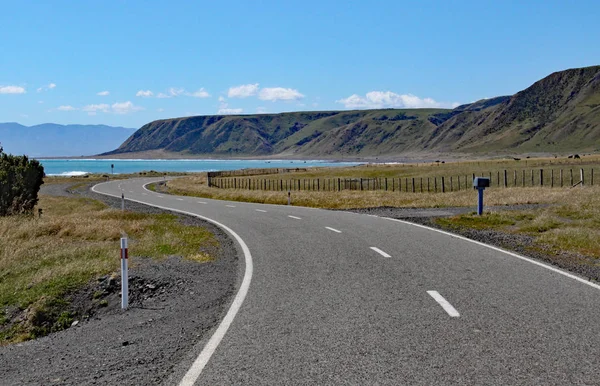 Eine menschenleere Straße windet sich in Richtung der Bucht am Kap Palliser, Norden, Insel, Neuseeland — Stockfoto