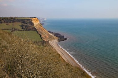 Sidmouth, East Devon üzerinde Salcombe Hill uçurumüzerinde Güney Batı Kıyı yolundan Salcombe Regis plajda kayalıkların görünümü