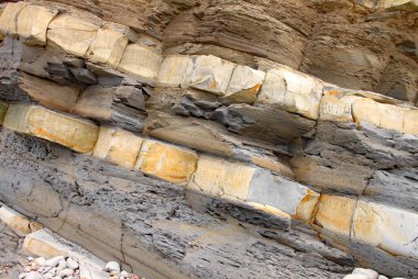 İngiltere, Somerset 'te, Doğu Quantoxhead yakınlarında Kilve plajı. Dev kaya tabakaları Jurasik döneme kadar uzanır ve fosil avcıları için bir cennettir.