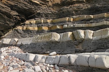 İngiltere, Somerset 'te, Doğu Quantoxhead yakınlarında Kilve plajı. Dev kaya tabakaları Jurasik döneme kadar uzanır ve fosil avcıları için bir cennettir.