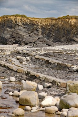 İngiltere, Somerset 'te, Doğu Quantoxhead yakınlarındaki Kilve sahilindeki kayalar. Jurasik döneme dayanan kaya tabakaları plato boyunca uzanan büyük çatlak platolar oluşturur. Bu bölge fosil avcıları için bir cennet.