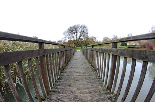 Stary Drewniany Most Zrobiony Soczewką Oka Ryby Dający Zniekształcony Efekt — Zdjęcie stockowe