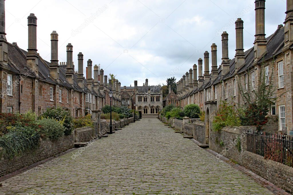The empty cobblestone street of Vicar's Close in Wells, Somerset