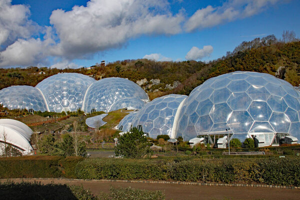 The biomes at the Eden Project in Cornwall, England. Opened in 200 and was built on a disused china clay pit and contains plants from a wide diversity of climates and environments