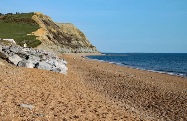 Plaża Żwirowa Angielskim Mieście Seatown Dorset Jurajskim Wybrzeżu Pomiędzy Charmouth — Zdjęcie stockowe