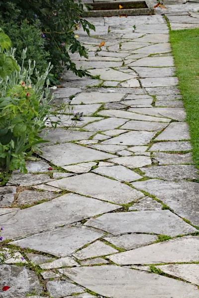 Crazy Paving Walkway Flower Bed Lawn English Country Garden — Stock Photo, Image