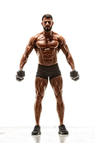 Handsome Msucular Man Exercise With Dumbbells. Performing Dumbbell Biceps Curls — Stock Photo, Image