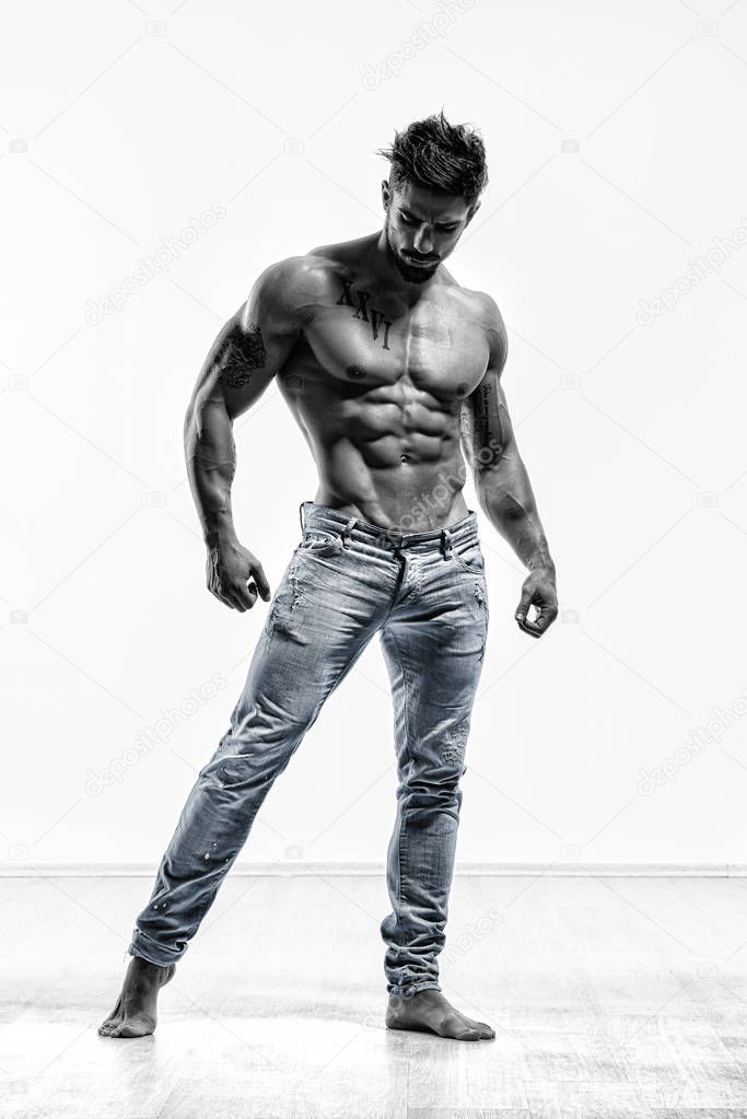 Handsome Shirtless Muscular Fashion Model in Jeans