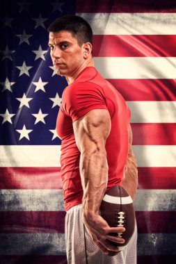 Elinde Amerikan Futbol Topu Tutan Amerikan Bayrağı Font Ayakta Kaslı Genç Atlet