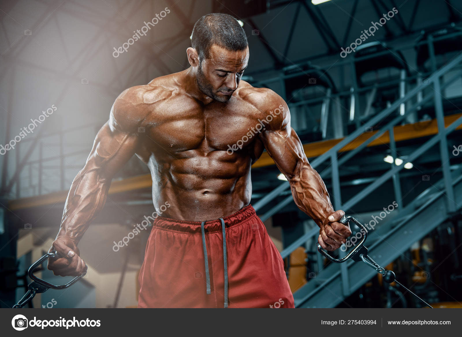 Muscular Man Working Out Hard Cardio Workouts Gym Best Strength