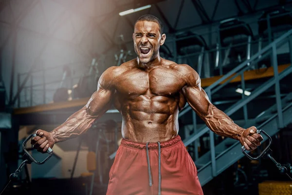 Culturismo de núcleo duro. Guapo levantador de pesas Entrenamiento en el gimnasio —  Fotos de Stock