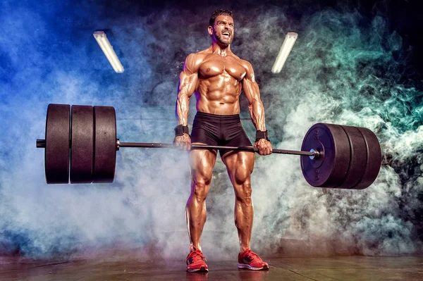 Strong Muscular Men Performing Heavy Deadlift Exercise With Barb — Stock Photo, Image