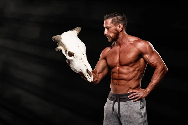 Minotauro, Hombres musculosos sosteniendo el cráneo de toro —  Fotos de Stock