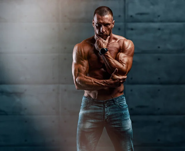 Strong Handsome Shirtless Macho Men in Jeans — Stock Photo, Image