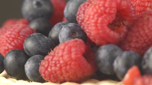 Close View Berry Selection Strawberry Raspberry Blueberry — Stok Video