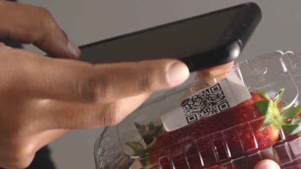 用电话扫描草莓Qr代码 — 图库视频影像