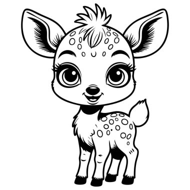 Büyük gözleri ve tatlı gülüşü olan sevimli bebek geyik. Renklendirme ve çocuk çizimi için mükemmel.