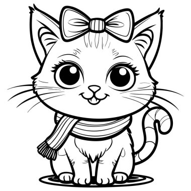 Çizgi film tarzında fiyonk ve eşarp takan büyük gözlü sevimli kedi yavrusu.
