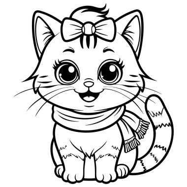 Çocuklar için gülümseyen, fiyonklu, sevimli kedi yavrusu.