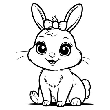 Büyük gözleri olan sevimli bir tavşan ve çocuklar için mükemmel bir fiyonk boyama ve hayvan çizimi.