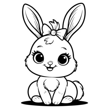 Sevimli küçük tavşancık, eğilip oturmuş ve gülümsüyor. Çocuk boyası ve sanat için mükemmel.