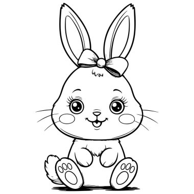 Mutlu tavşan kafasında kurdeleyle oturuyor ve çocuklar için büyük yuvarlak gözler çiziyor.