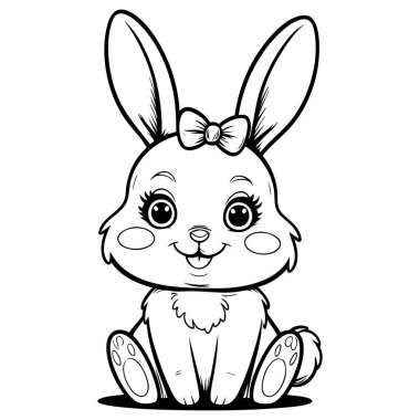 Başında fiyonk ve tüylü tüylü sevimli tavşancık çocukları boyamak için mutlu mesut oturuyor.